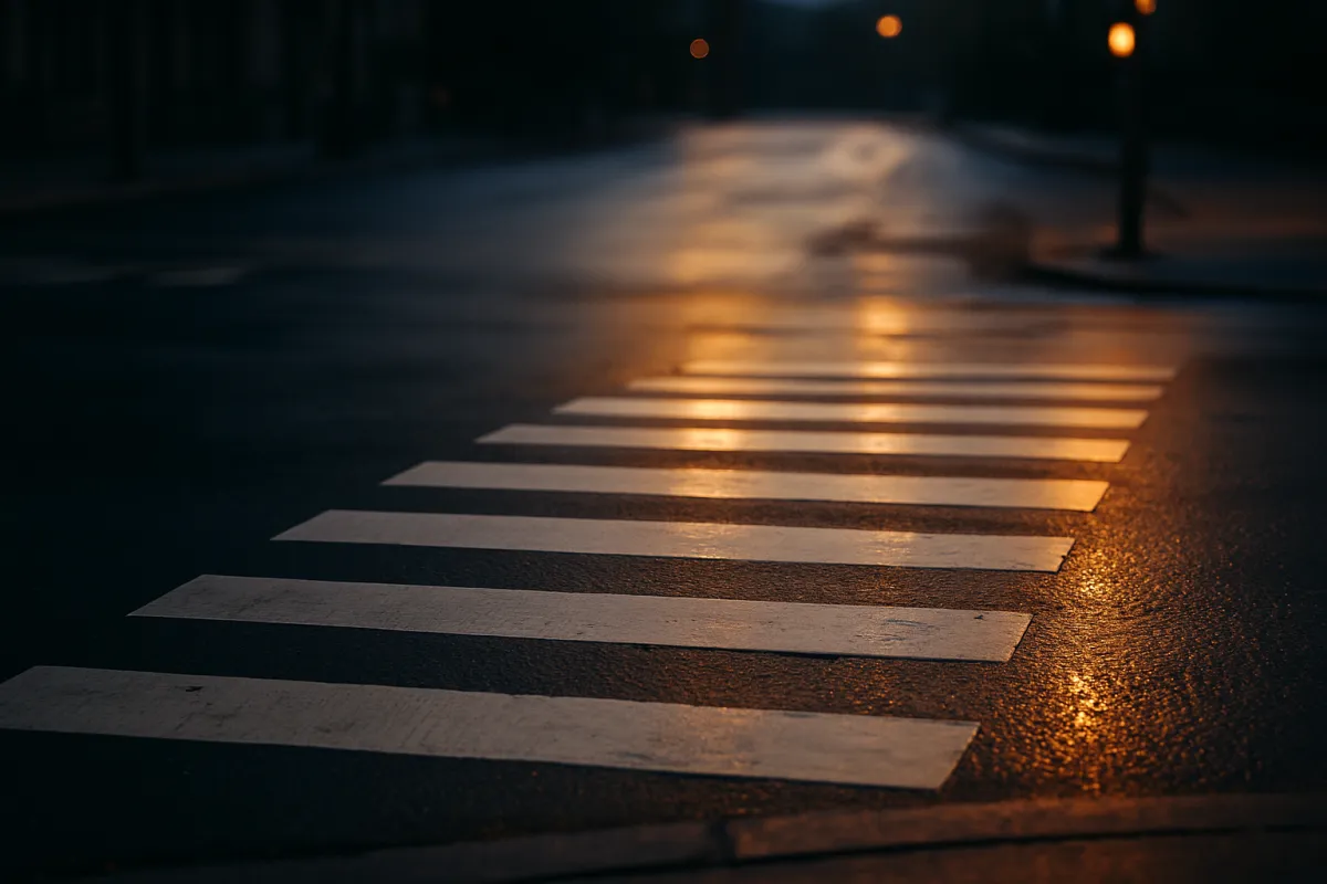 White painted crosswalk stripes running across damp dark asphalt at night, with warm amber light reflecting off the wet road surface and blurred lights further down the street