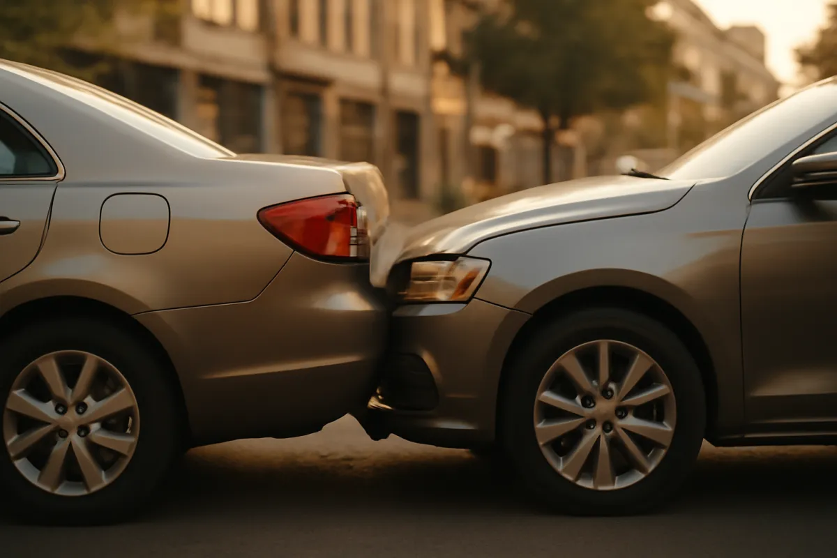 Two passenger cars in a minor rear-end fender-bender on a city street in warm amber daylight, no injuries visible
