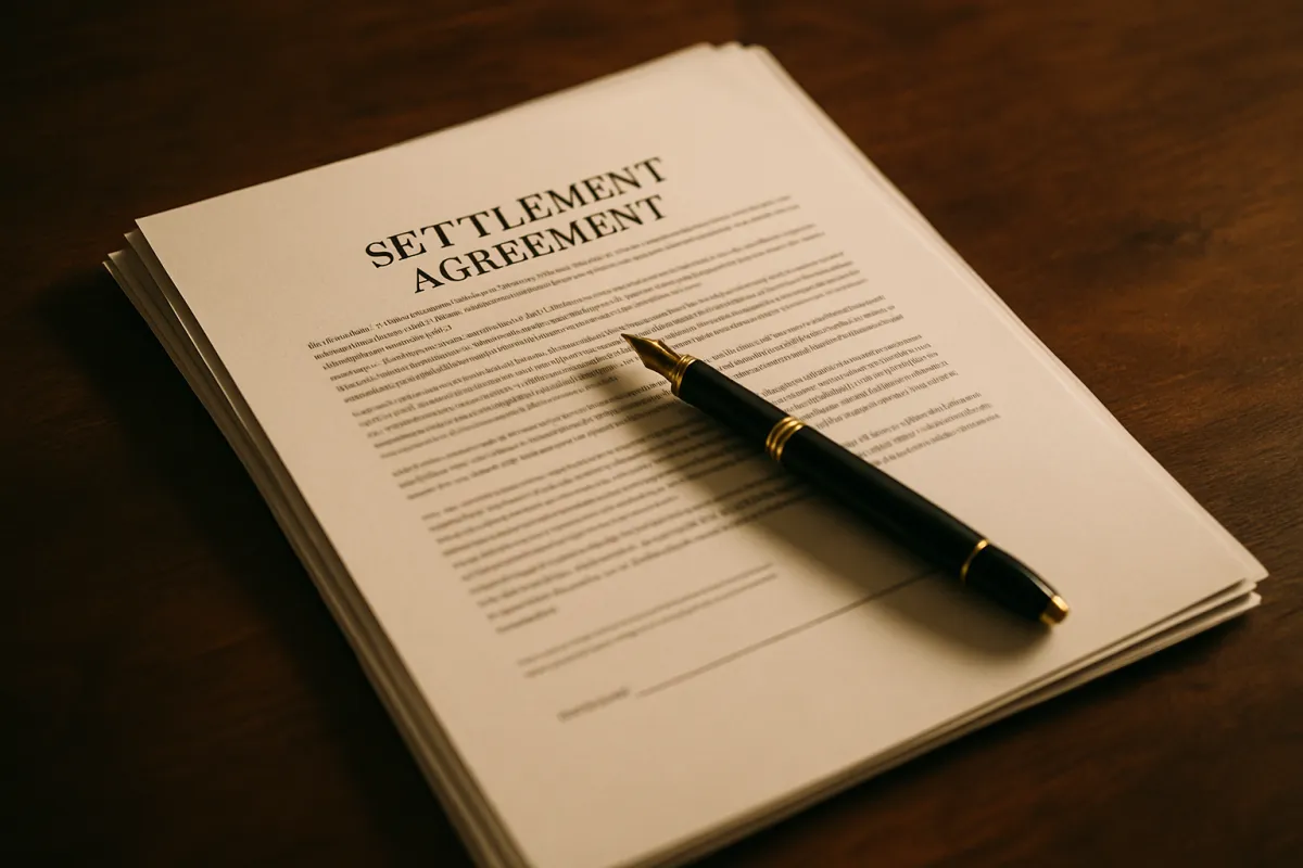 An unsigned settlement agreement on a desk with a fountain pen resting across the signature line