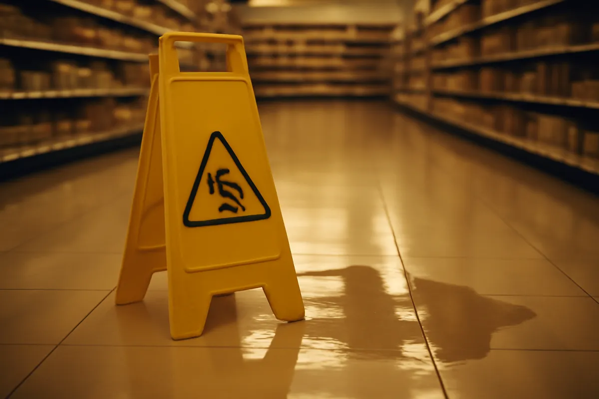 A yellow wet-floor caution sign standing on a glossy supermarket aisle floor in warm amber light