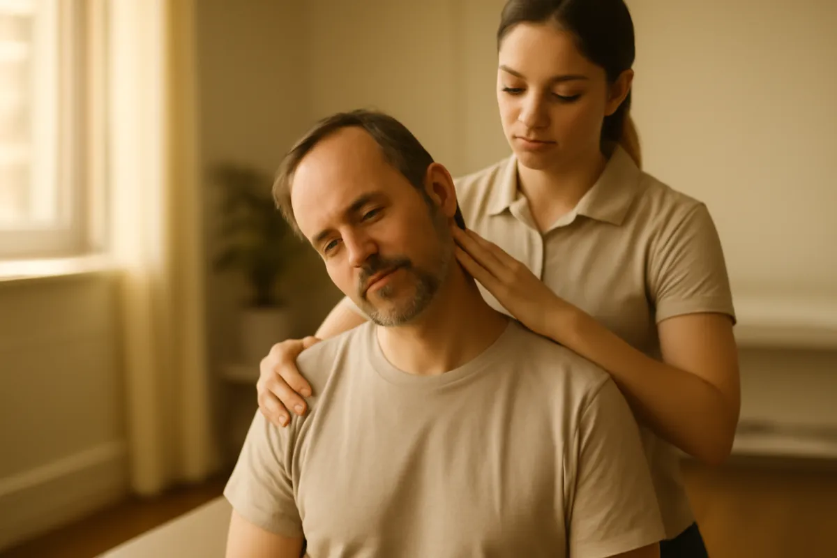 A physical therapist guiding an adult patient through gentle neck and shoulder rehabilitation exercises in a bright clinic in warm amber daylight