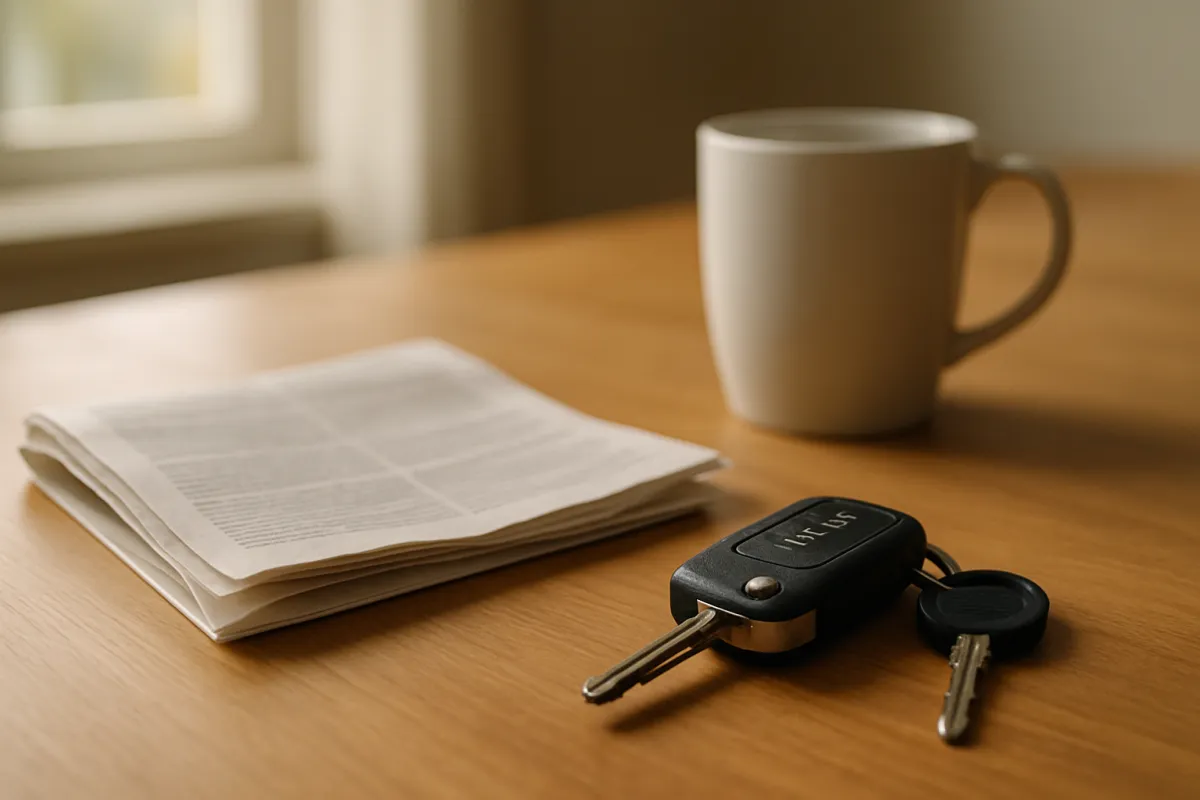 A folded stack of printed pages beside a car key with a black remote fob and a pale ceramic mug on a wooden table, lit by soft window light