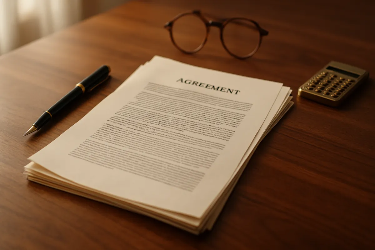 A thick stack of printed pages headed AGREEMENT on a dark wooden desk beside a black and gold pen, tortoiseshell reading glasses and a small gold calculator