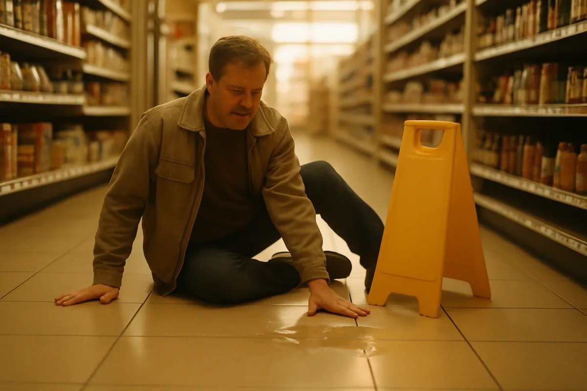 A person sitting on the tiled floor of a bright store aisle just after a slip, one hand steadying on the floor near a small liquid spill and a yellow caution sign, in muted amber daylight