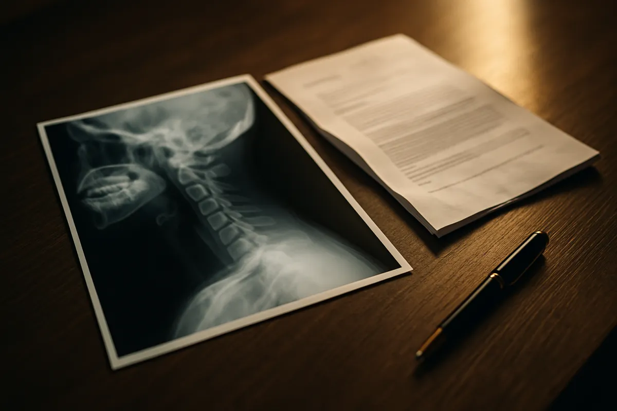Cervical spine neck x-ray films and a folded medical report resting on a dark wooden desk in warm gold light