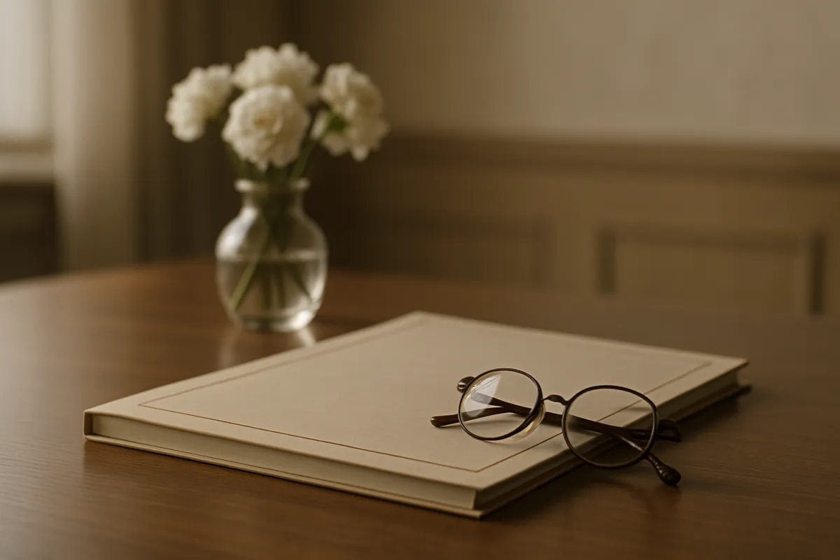 A closed cream-coloured folder and a pair of round reading glasses on a wooden table, with a glass vase of white flowers behind them in soft light