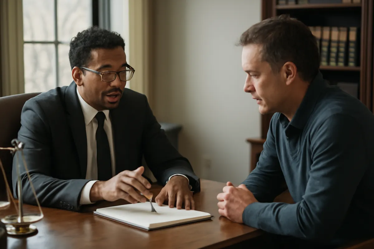 A client and an attorney in a law office consultation, the attorney gesturing toward a notepad on the desk between them while the client listens