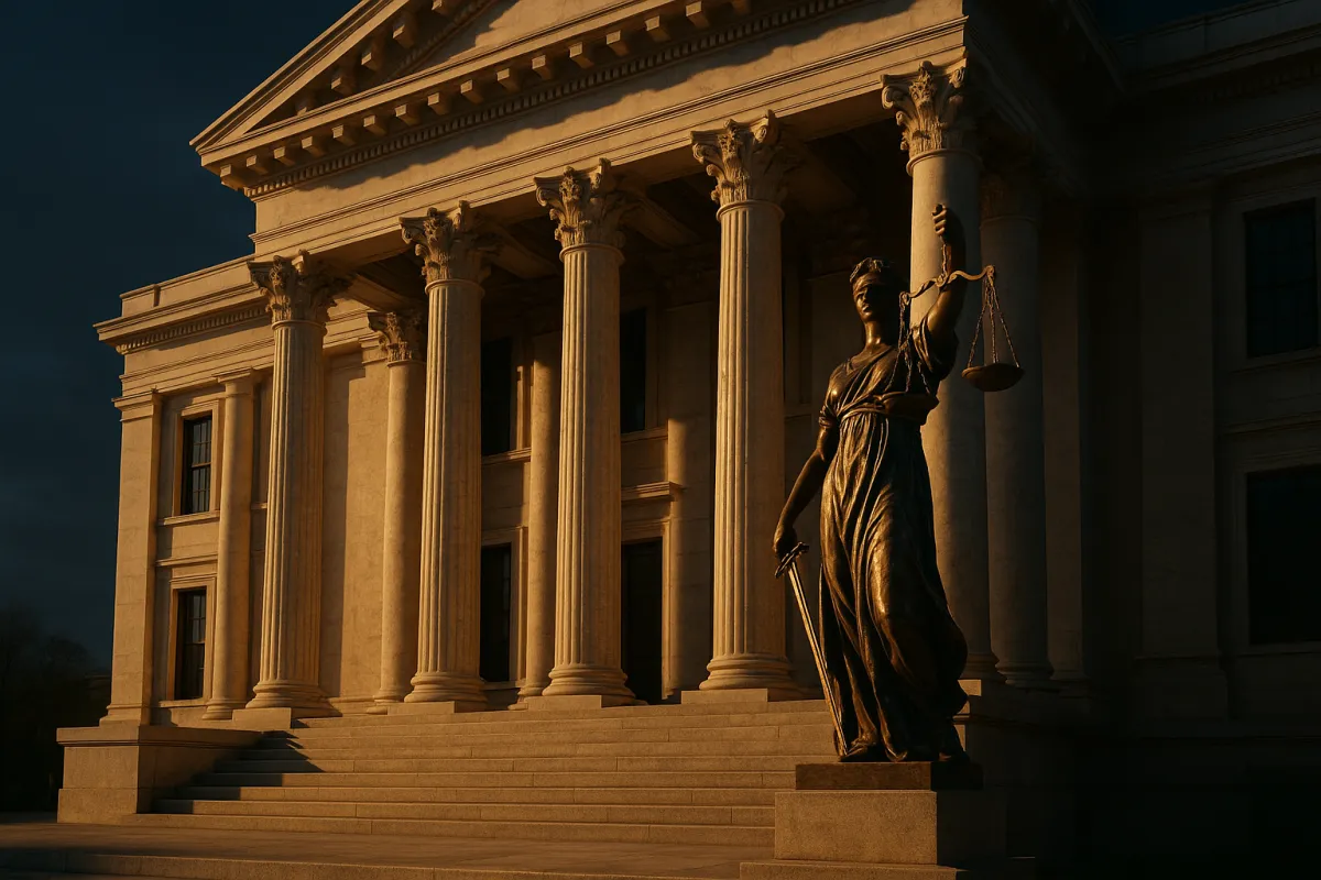 A bronze statue of Justice holding scales in front of a courthouse at dusk