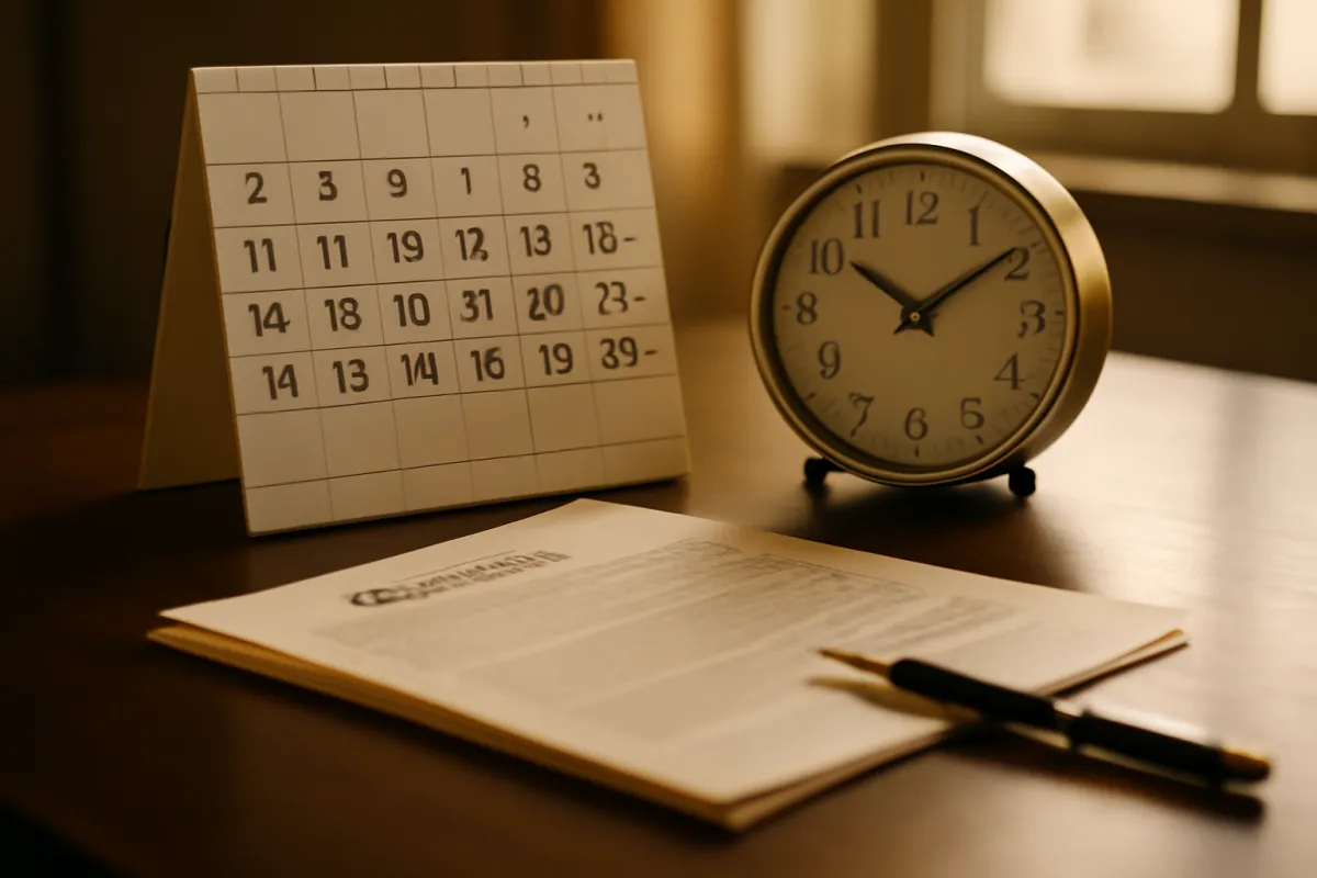 A desk calendar and an analog clock beside an open printed medical report and a pair of pens in warm amber light