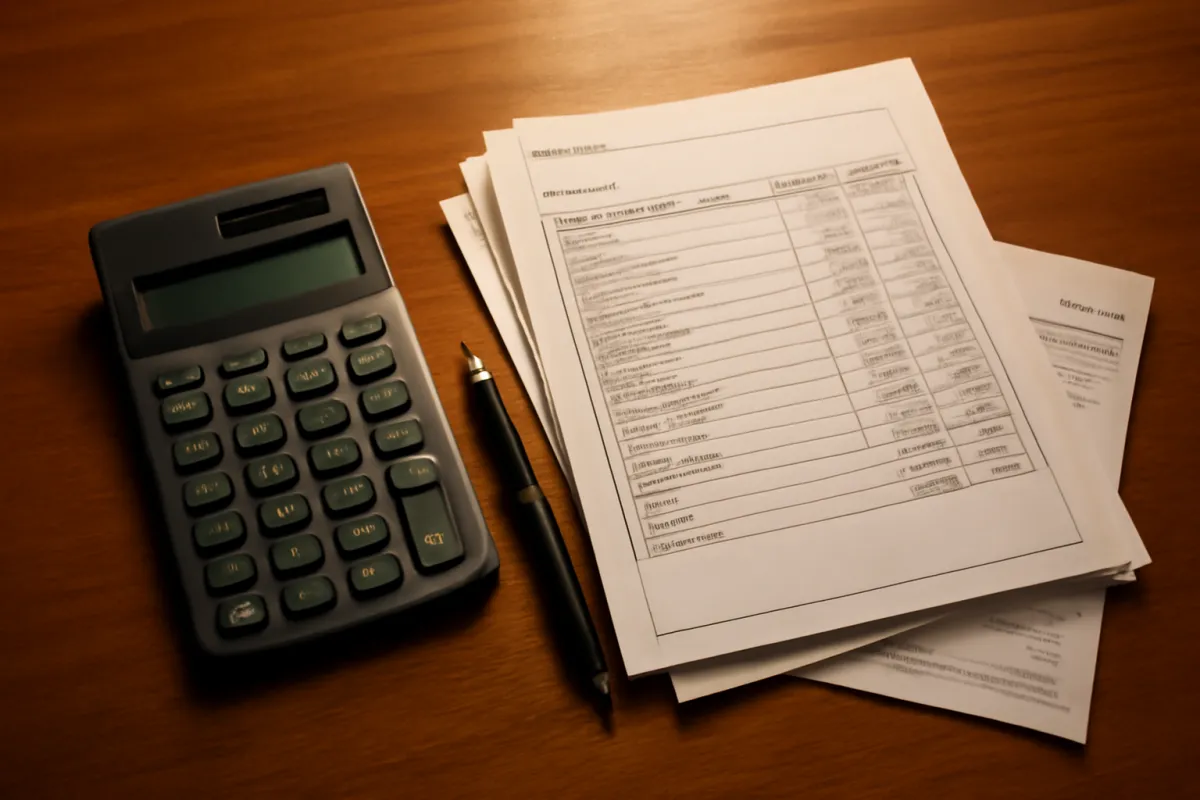 A calculator and pen resting beside a stack of printed financial worksheets with ruled columns on a wooden desk