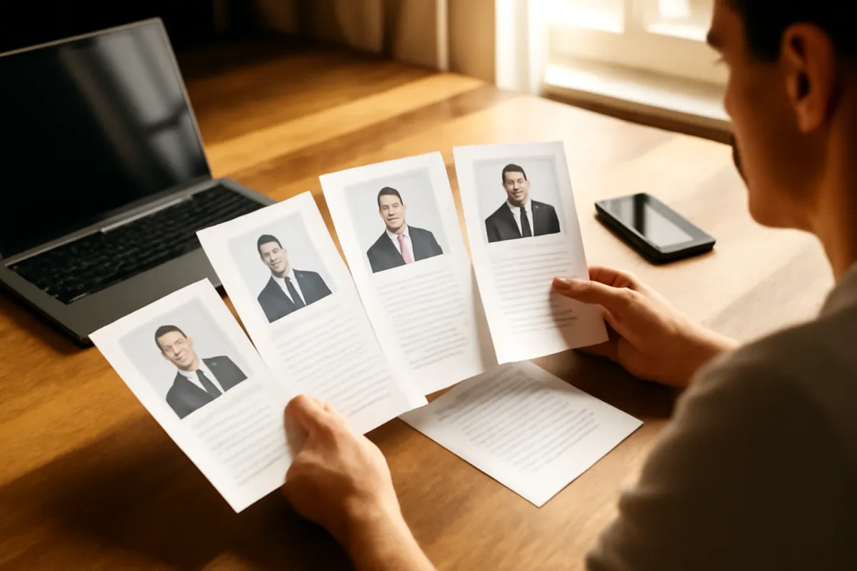 A person at a home desk comparing several printed attorney profile sheets side by side next to an open laptop, weighing which lawyer to choose