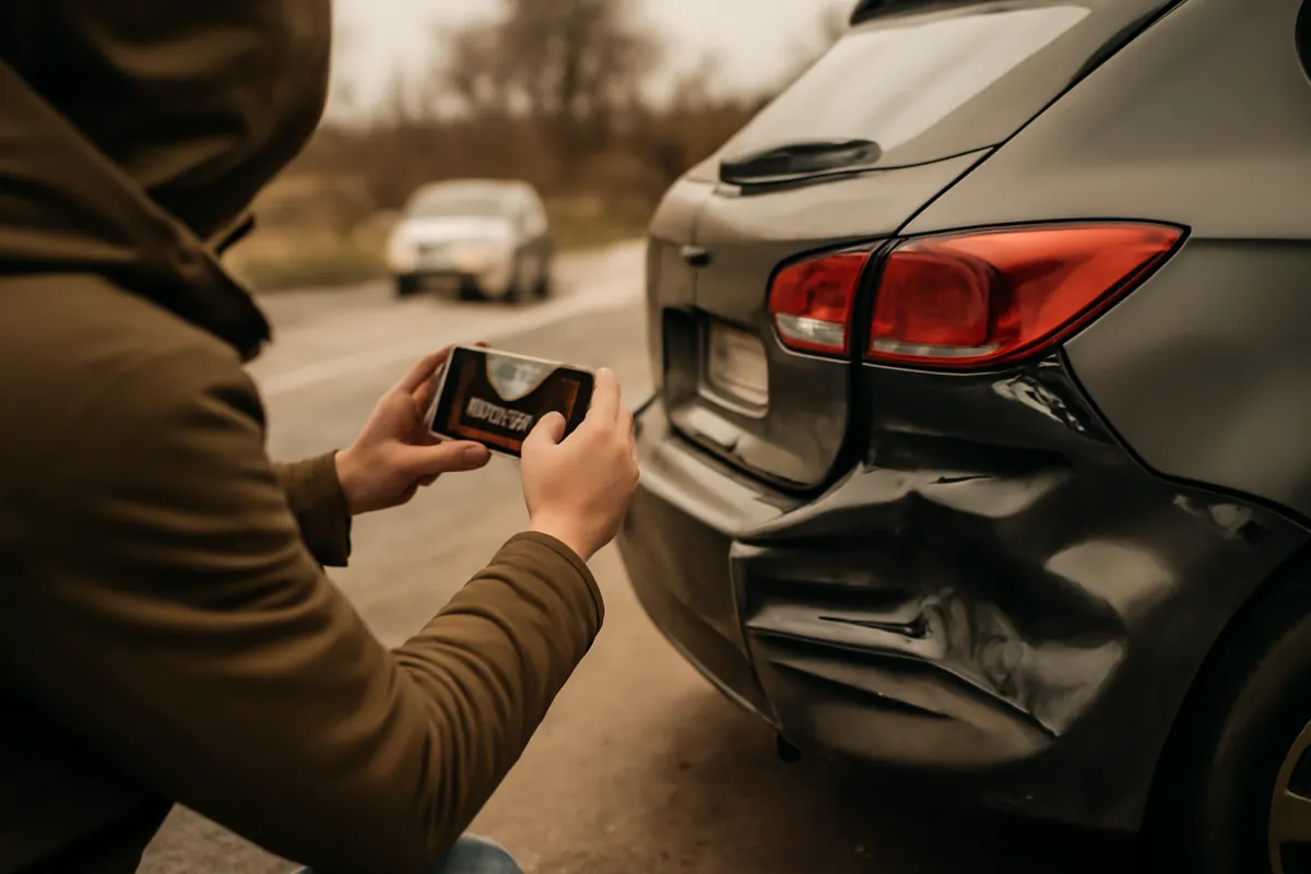 A person at a roadside crash scene photographing the dented rear bumper of a car with a smartphone in muted amber daylight