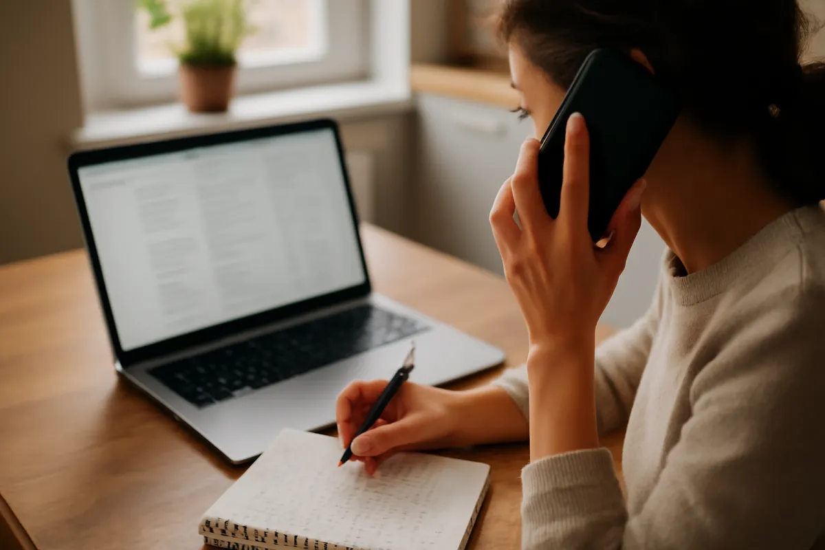 A person on the phone at a kitchen table, taking handwritten notes beside a laptop showing a blurred directory-style webpage, researching lawyers