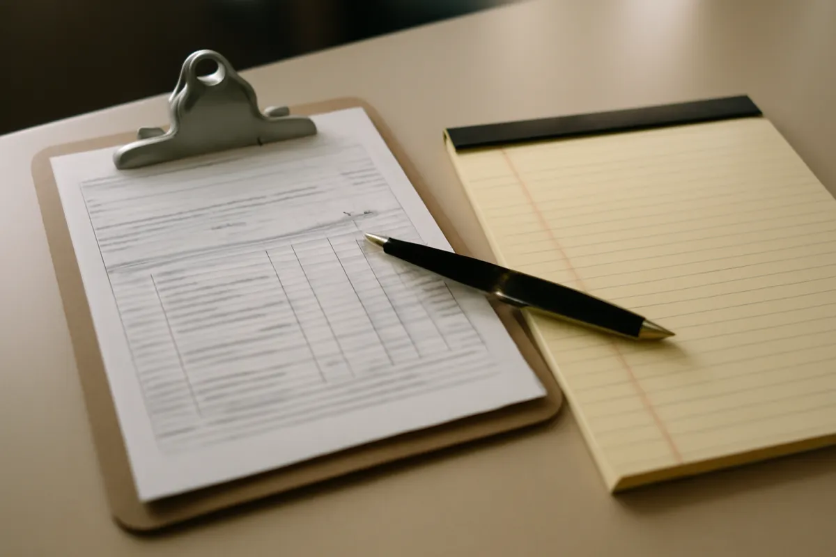 A clipboard holding a ruled medical-style record and a yellow legal pad resting side by side on a desk, a pen across them, suggesting two kinds of case file