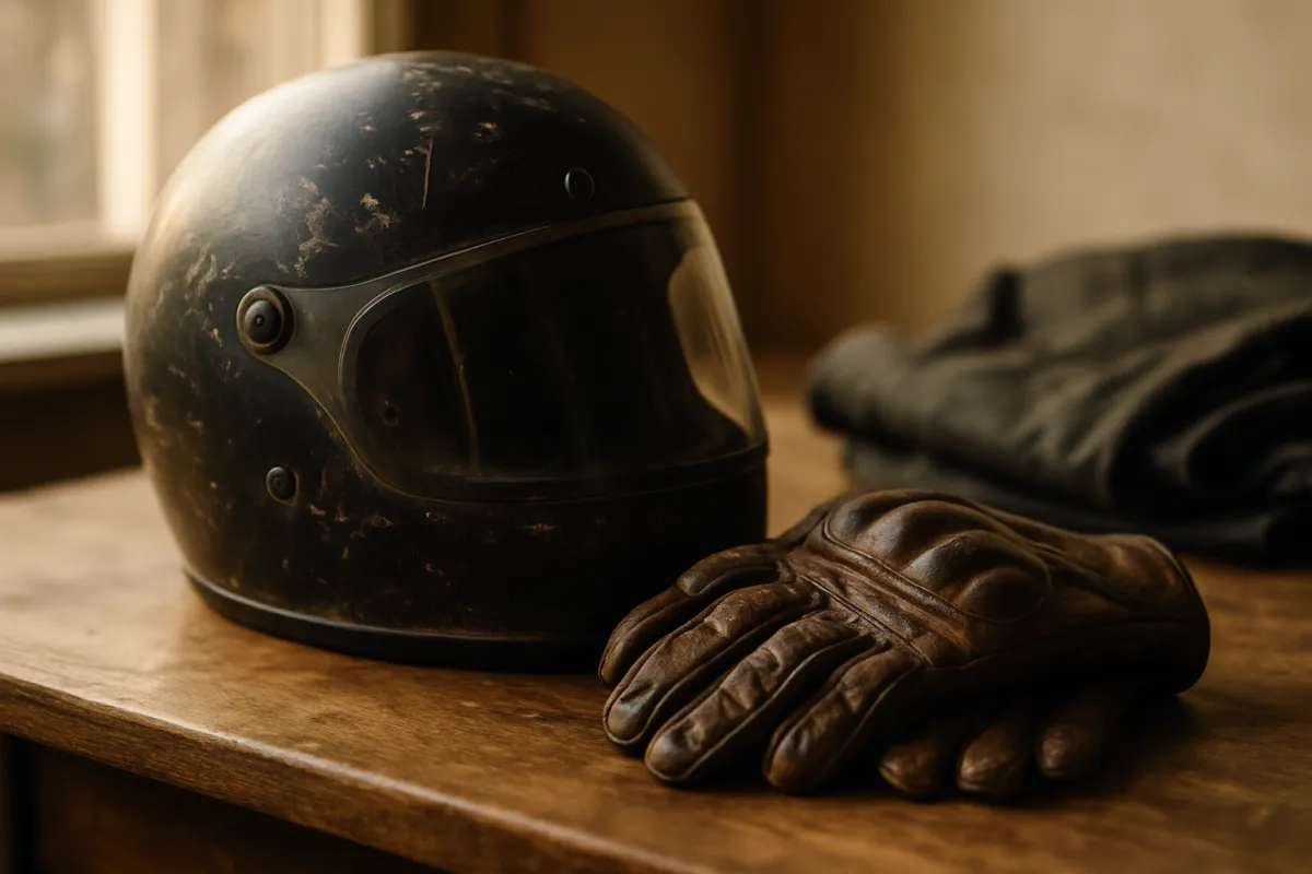 A scuffed black full-face motorcycle helmet and worn brown leather gloves resting on a wooden table beside a folded dark garment in soft window light