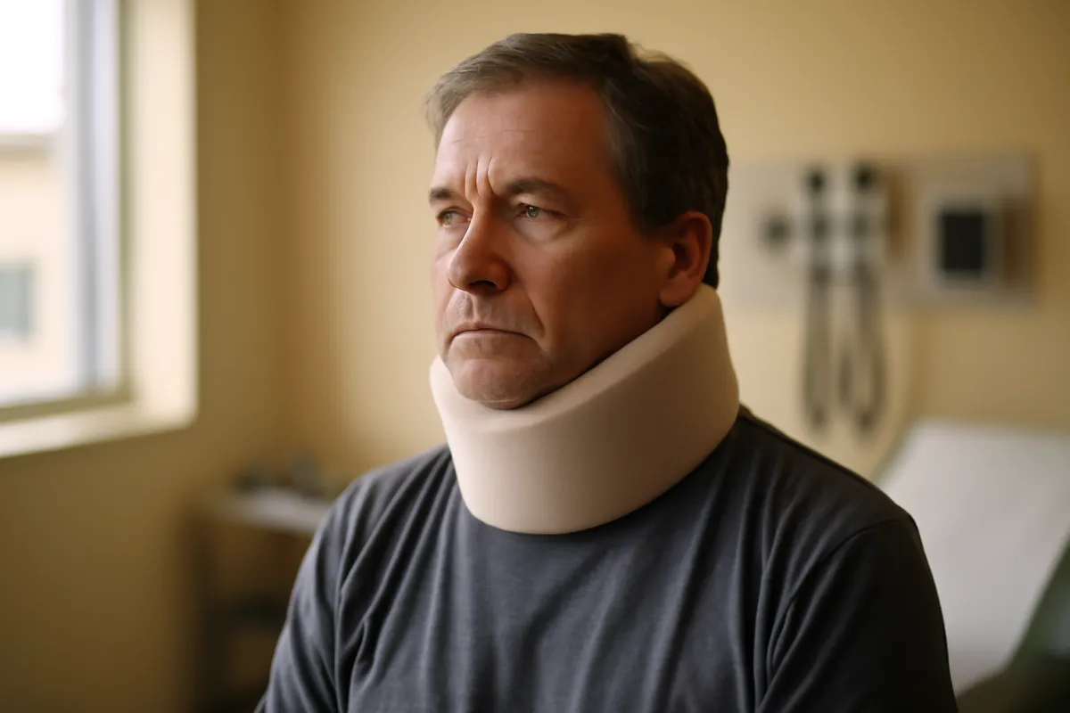 An adult wearing a soft foam cervical neck brace seated calmly in a bright clinical exam room in warm amber daylight