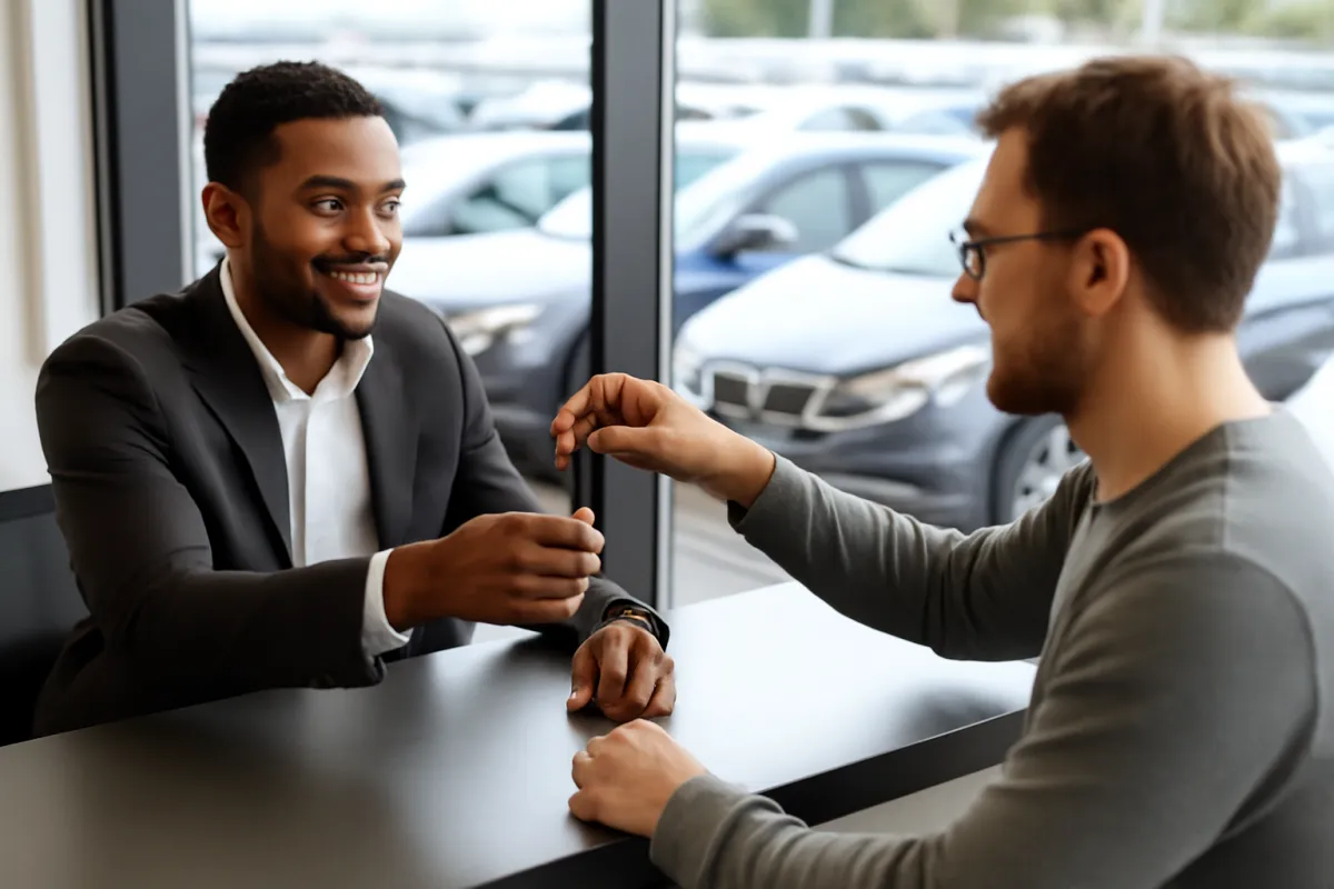 Two men talking across a counter inside a car rental or dealership office, rows of parked cars visible through the glass behind them