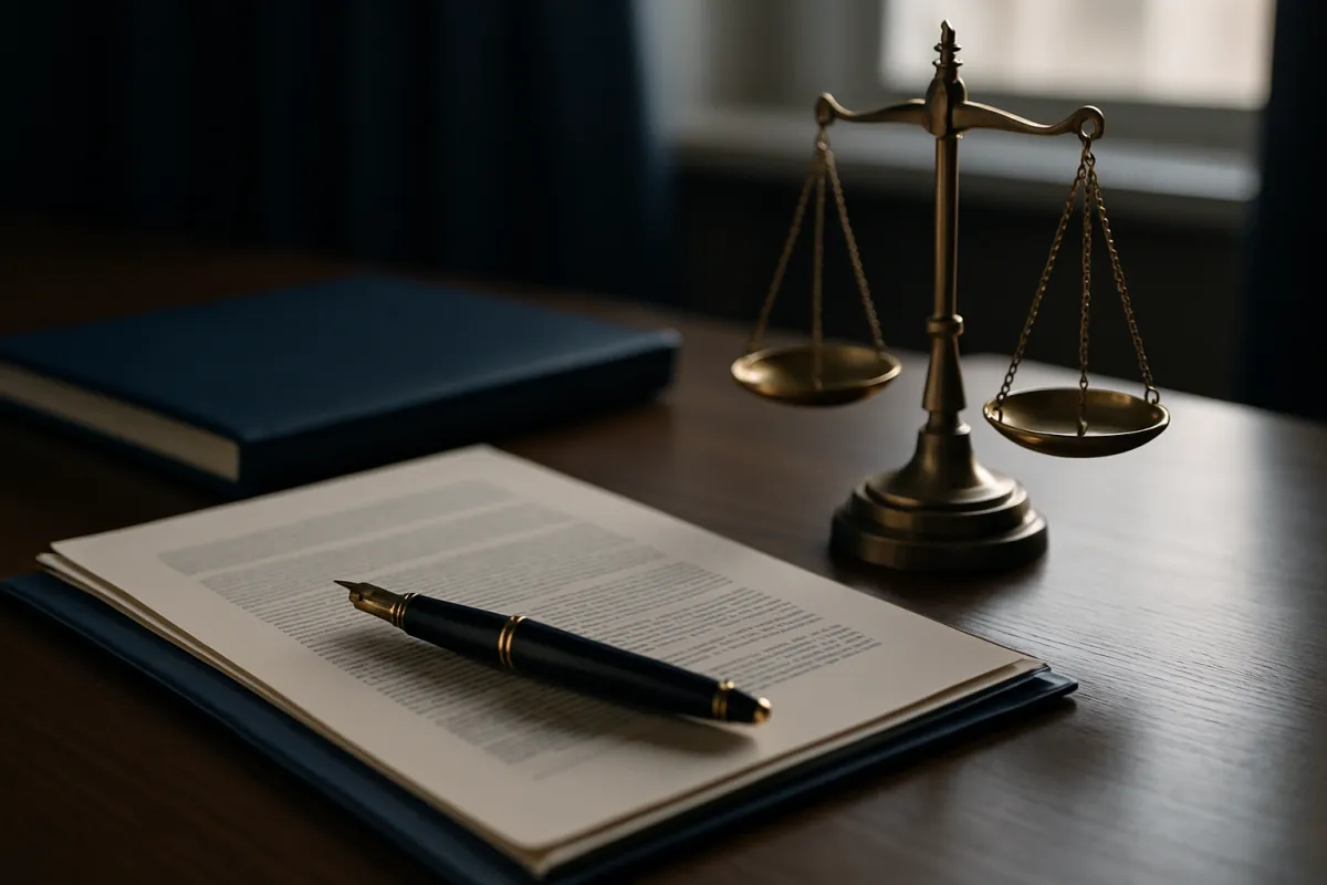 A desk with legal documents, a pen, and a small set of scales of justice