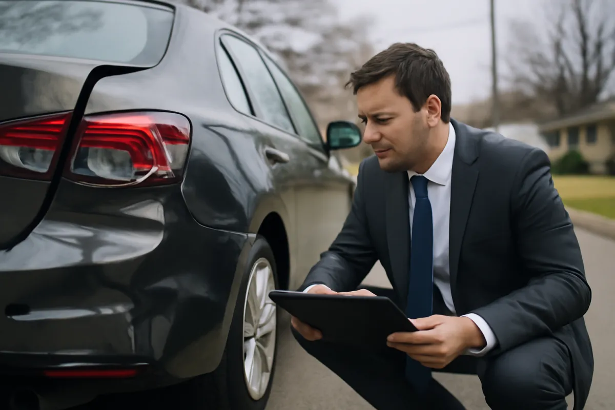 An insurance adjuster in a suit crouching beside the crumpled rear bumper and cracked taillight of a sedan, reviewing a tablet, on a residential street