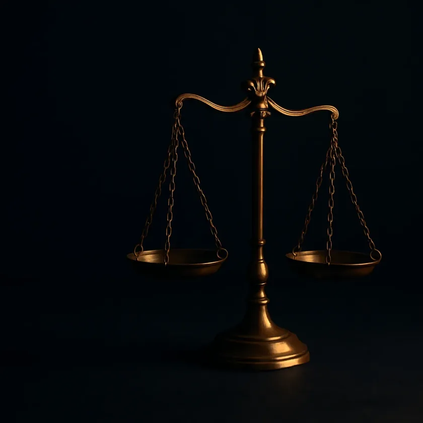 A brass balance scale standing in a pool of warm light against a dark background, representing weighing the decision to hire a lawyer after a car accident