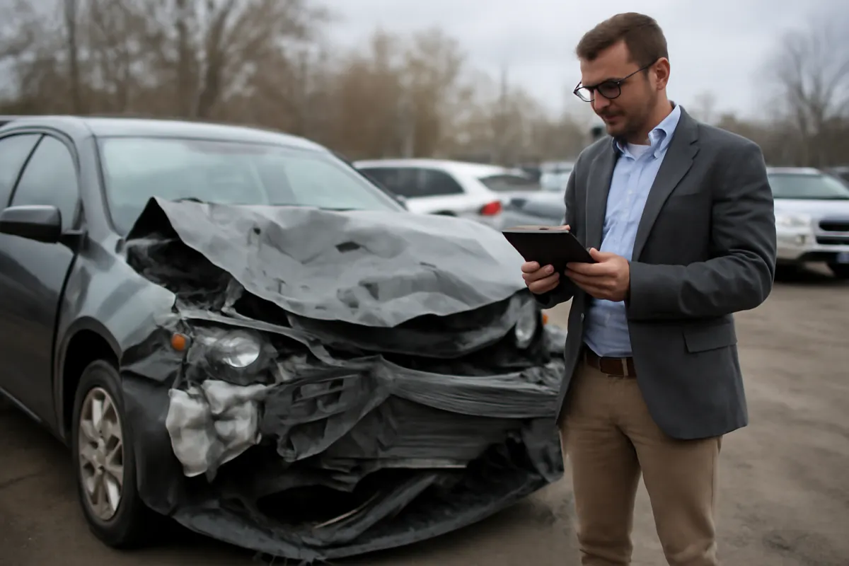 An insurance adjuster in a blazer reviewing a tablet beside a sedan with a severely crumpled front end in a salvage yard tow lot