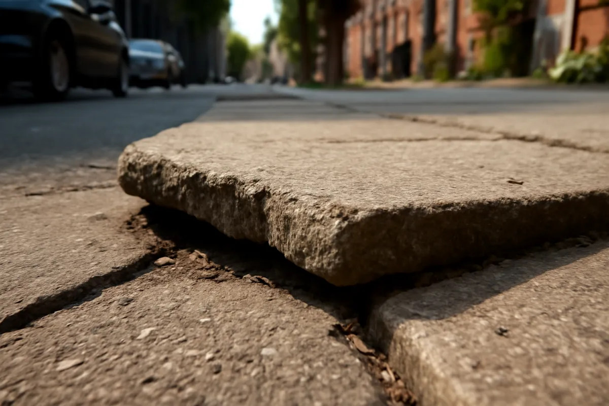 A close, ground-level view of a cracked and raised concrete sidewalk slab creating a trip hazard on an ordinary city street