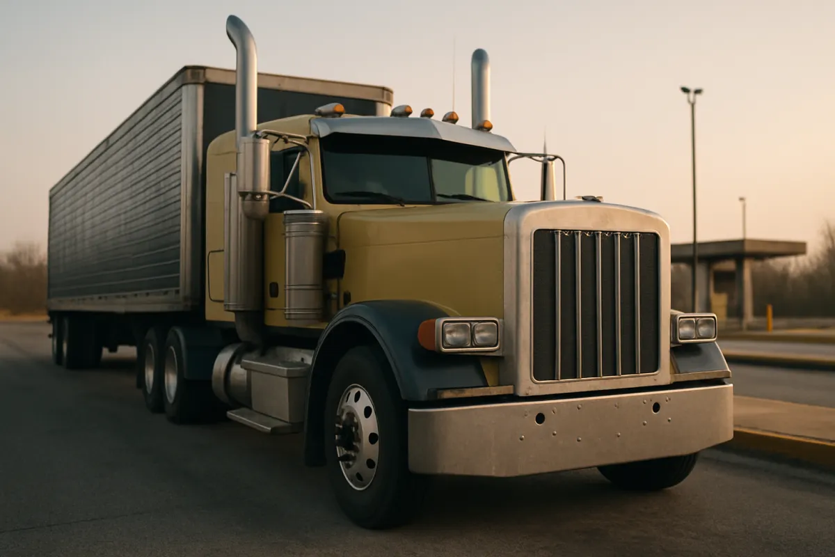 A tractor trailer with a yellow cab and a plain grey trailer parked on pavement beside a canopy structure in hazy low light