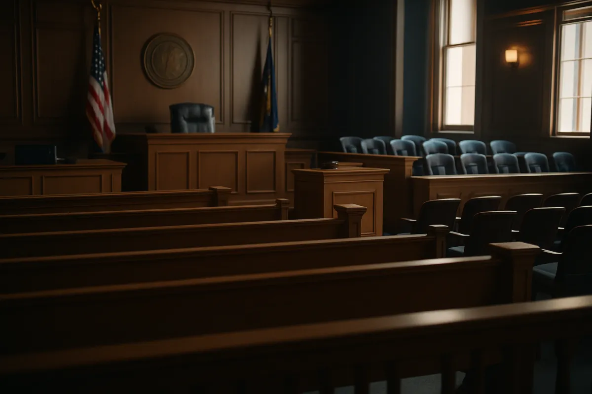 An empty wood-panelled courtroom seen from behind the gallery benches, with a raised bench and empty high-backed chair, an American flag and a second dark flag, a round seal on the wall, and a row of empty upholstered seats in the jury box beside a daylit window