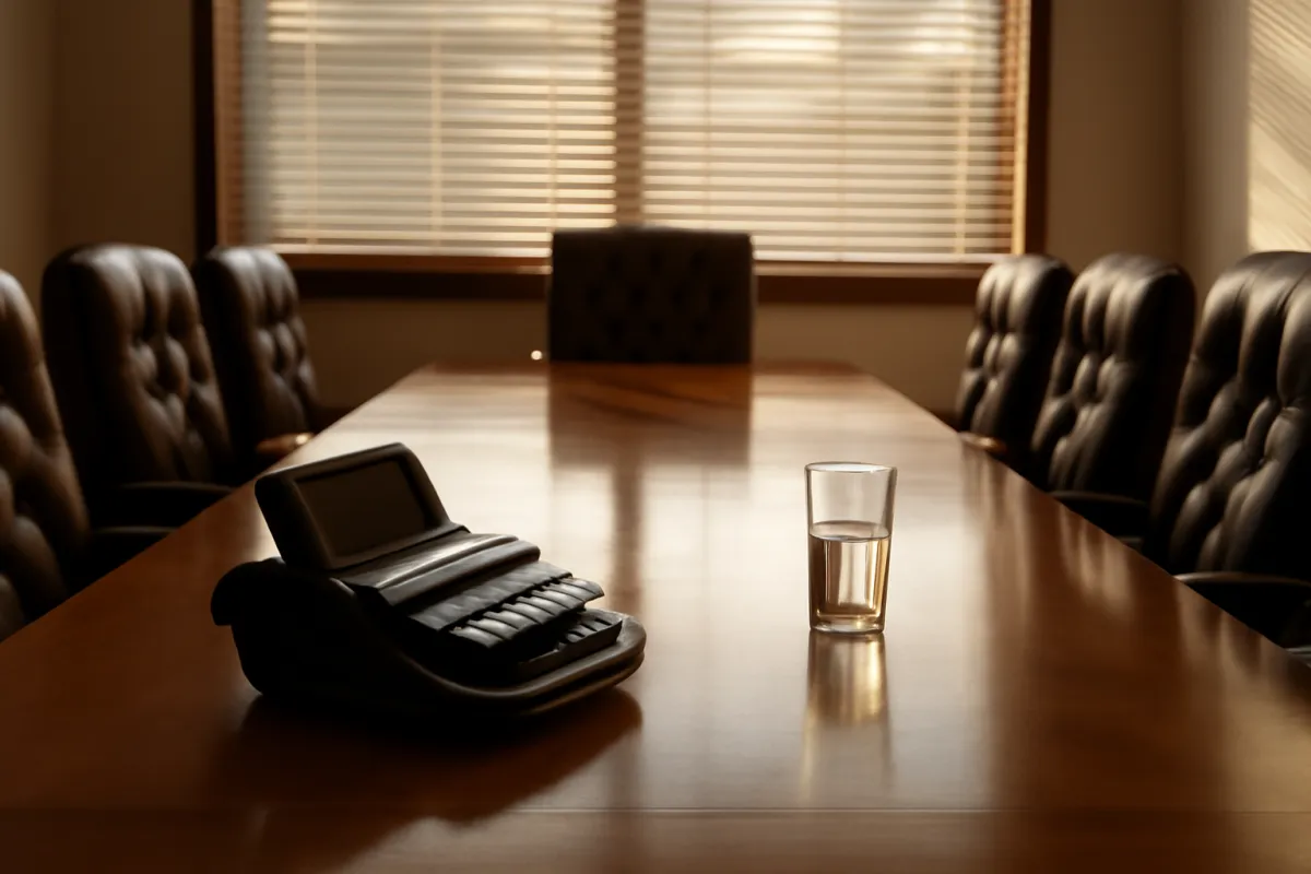 An empty law office conference room set up for a deposition, with a stenotype machine and a water glass on a long wooden table surrounded by leather chairs