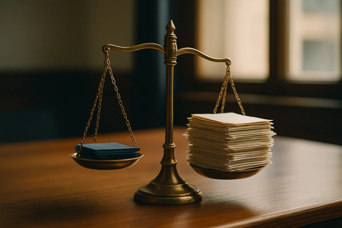 A brass balance scale on a wooden desk, one pan holding a small stack of blue papers and the other a much thicker stack of white paper