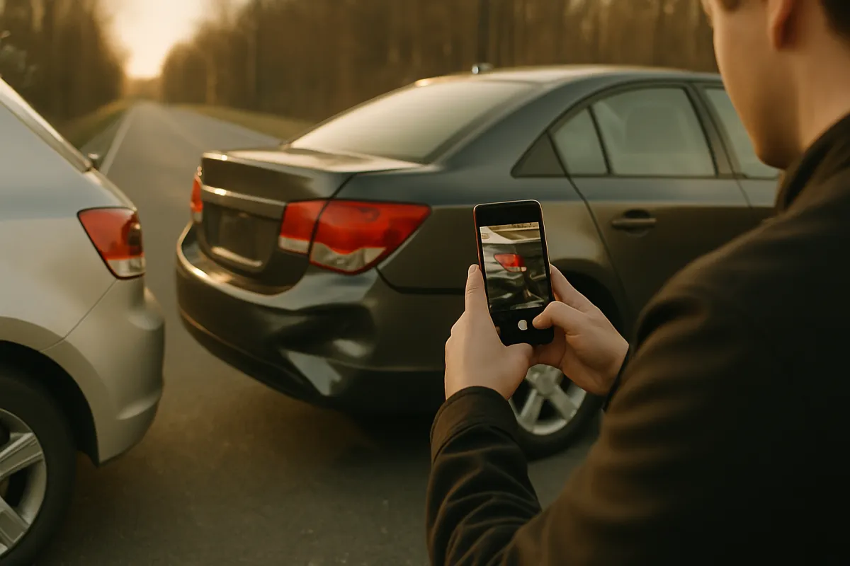 A person standing safely on the shoulder of a quiet road photographing the lightly dented rear bumper of a car at a minor accident scene with a smartphone in muted amber daylight