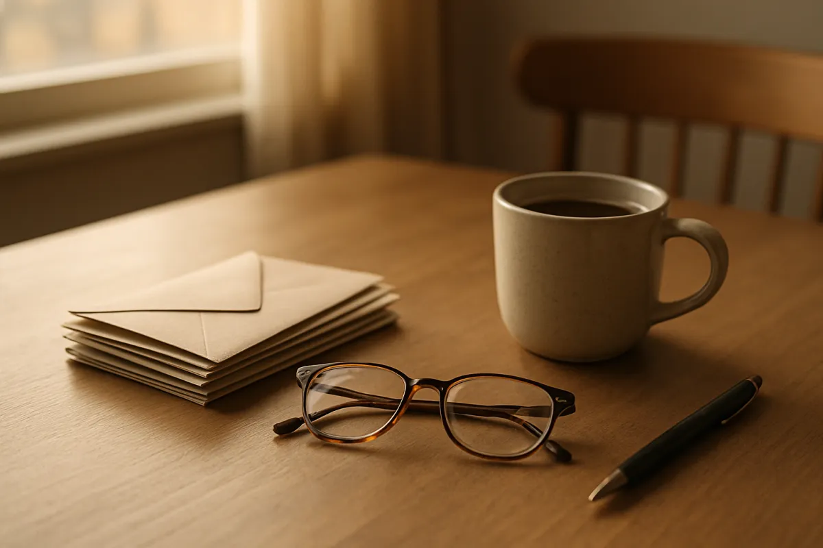 A wooden table in soft window light with a stack of unopened envelopes, reading glasses, a mug of coffee and a pen